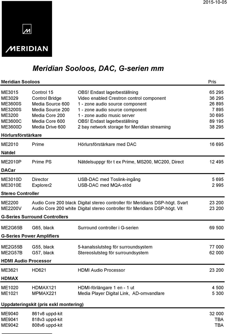 audio source component 7 895 ME3200 Media Core 200 1 - zone audio music server 30 695 ME3600C Media Core 600 OBS!