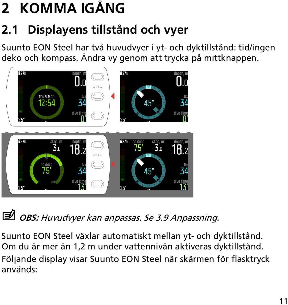 och kompass. Ändra vy genom att trycka på mittknappen. OBS: Huvudvyer kan anpassas. Se 3.9 Anpassning.
