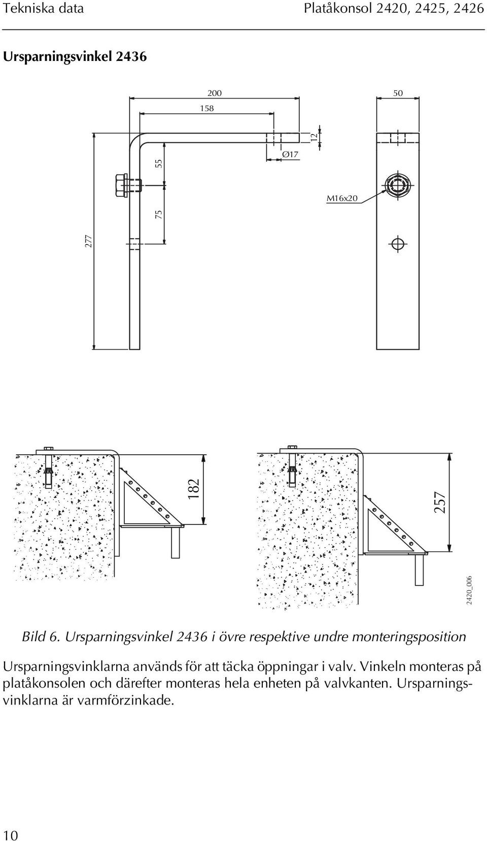 Ursparningsvinkel 2436 i övre respektive undre monteringsposition Ursparningsvinklarna används