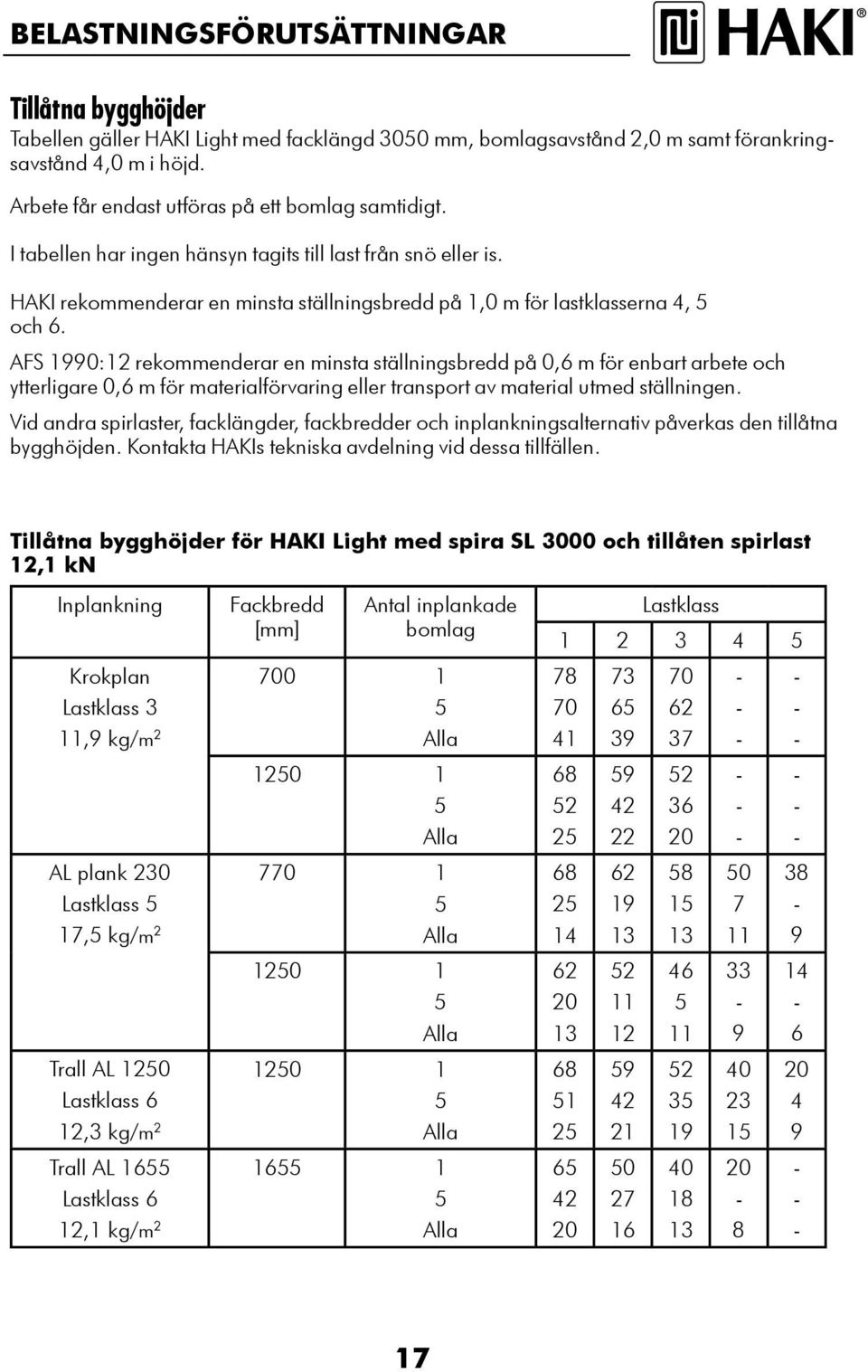 AFS 1990:1 rekommenderar en minsta ställningsbredd på 0, m för enbart arbete och ytterligare 0, m för materialförvaring eller transport av material utmed ställningen.