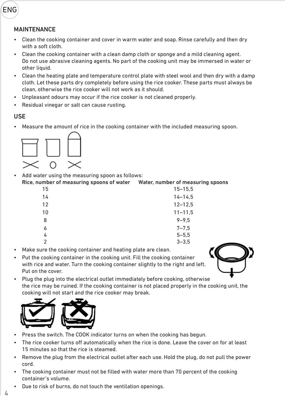 Clean the heating plate and temperature control plate with steel wool and then dry with a damp cloth. Let these parts dry completely before using the rice cooker.