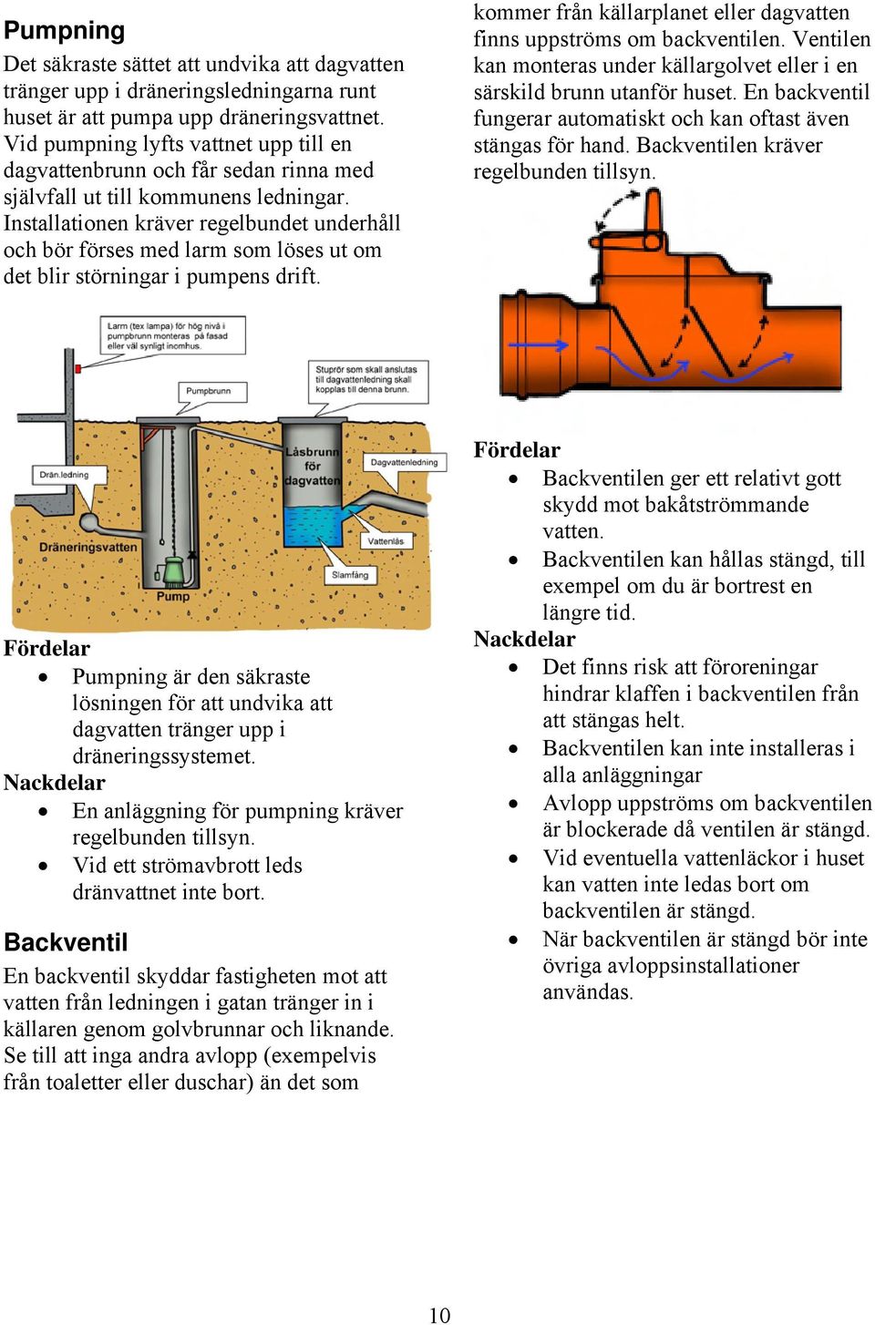 Installationen kräver regelbundet underhåll och bör förses med larm som löses ut om det blir störningar i pumpens drift. kommer från källarplanet eller dagvatten finns uppströms om backventilen.