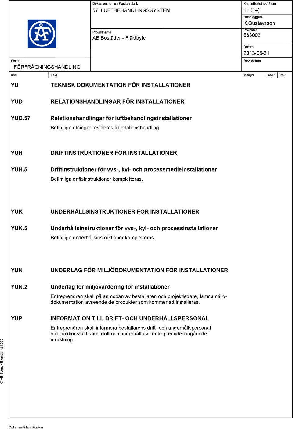 5 Driftinstruktioner för vvs-, kyl- och processmedieinstallationer Befintliga driftsinstruktioner kompletteras. YUK UNDERHÅLLSINSTRUKTIONER FÖR INSTALLATIONER YUK.