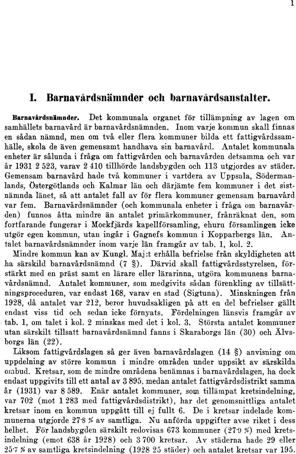 Antalet kommunala enheter är sålunda i fråga om fattigvården och barnavården detsamma och var år 1931 2 523, varav 2 410 tillhörde landsbygden och 113 utgjordes av städer.