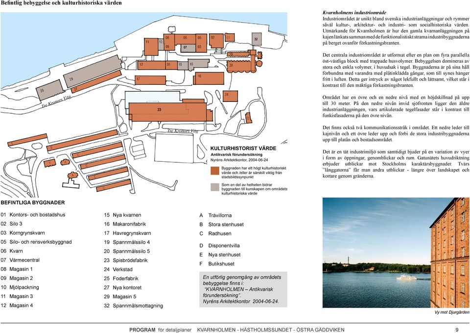 Utmärkande för Kvarnholmen är hur den gamla kvarnanläggningen på kajen länkats samman med de funktionalistiskt strama industribyggnaderna på berget ovanför förkastningsbranten.