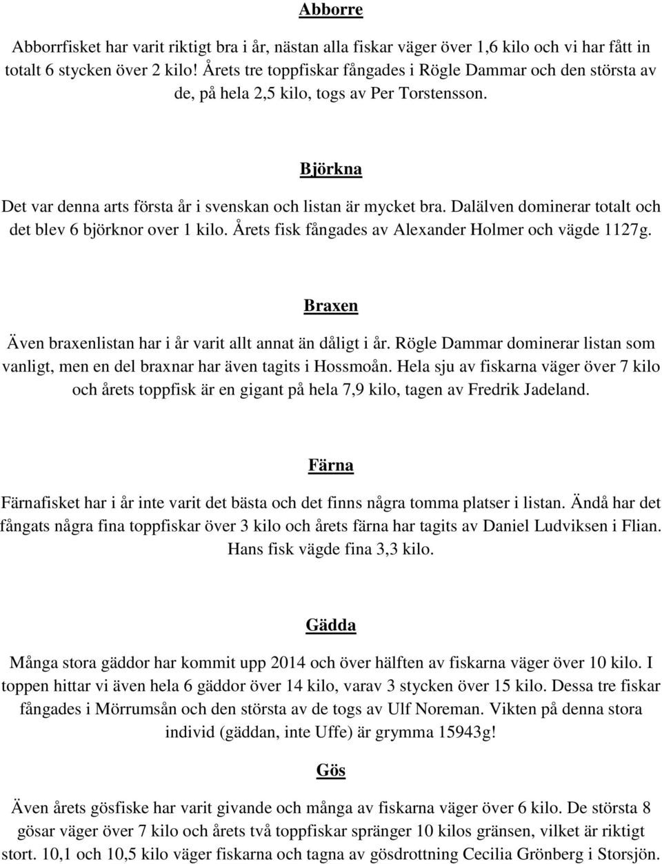 Dalälven dominerar totalt och det blev 6 björknor over 1 kilo. Årets fisk fångades av Alexander Holmer och vägde 1127g. Braxen Även braxenlistan har i år varit allt annat än dåligt i år.