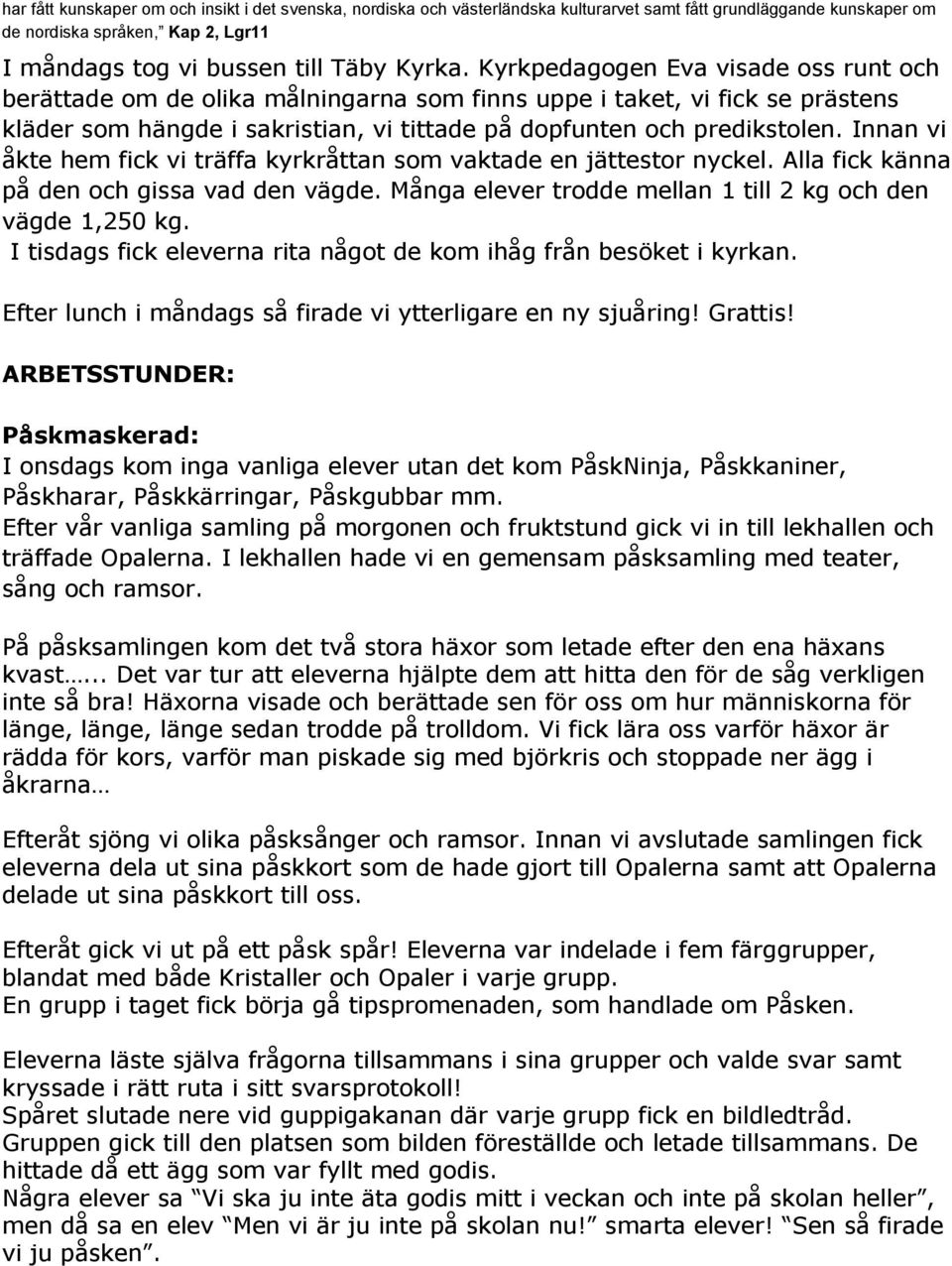 Innan vi åkte hem fick vi träffa kyrkråttan som vaktade en jättestor nyckel. Alla fick känna på den och gissa vad den vägde. Många elever trodde mellan 1 till 2 kg och den vägde 1,250 kg.