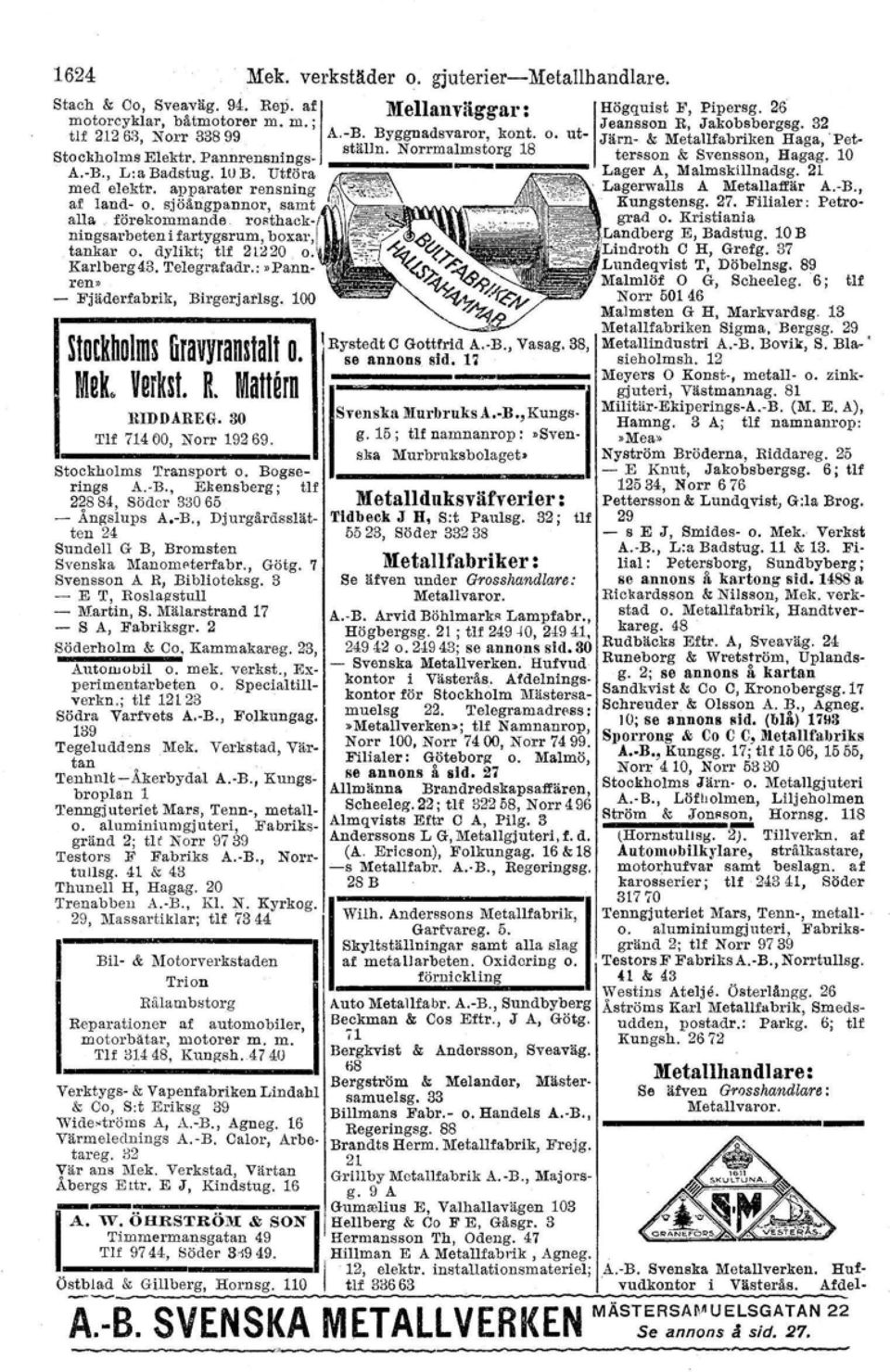 10B. Utföra - Lager A, Malmskillnadsg. 21 med elektr. apparater rensning Lagerwalls A Metallaffär A.-B., af land- o. sjöängpannor, samt Kungstensg. 27. Filialer: Petroalla.