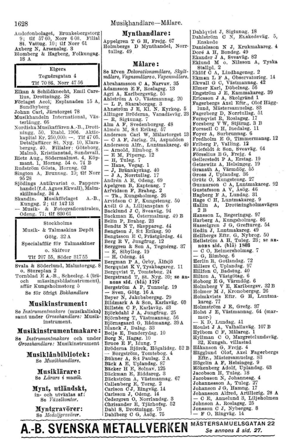 28 }l'örlaget Aeol; Esplanaden 15 AJ Sundbvberz J ohnn Carl, Järntorget 78 Musikhandeln International, Västerlångg. 66 Nordfska Musikaffären s: ~B., Drottningg. 50. Etahl. 1906. Aktiekapital Kr.