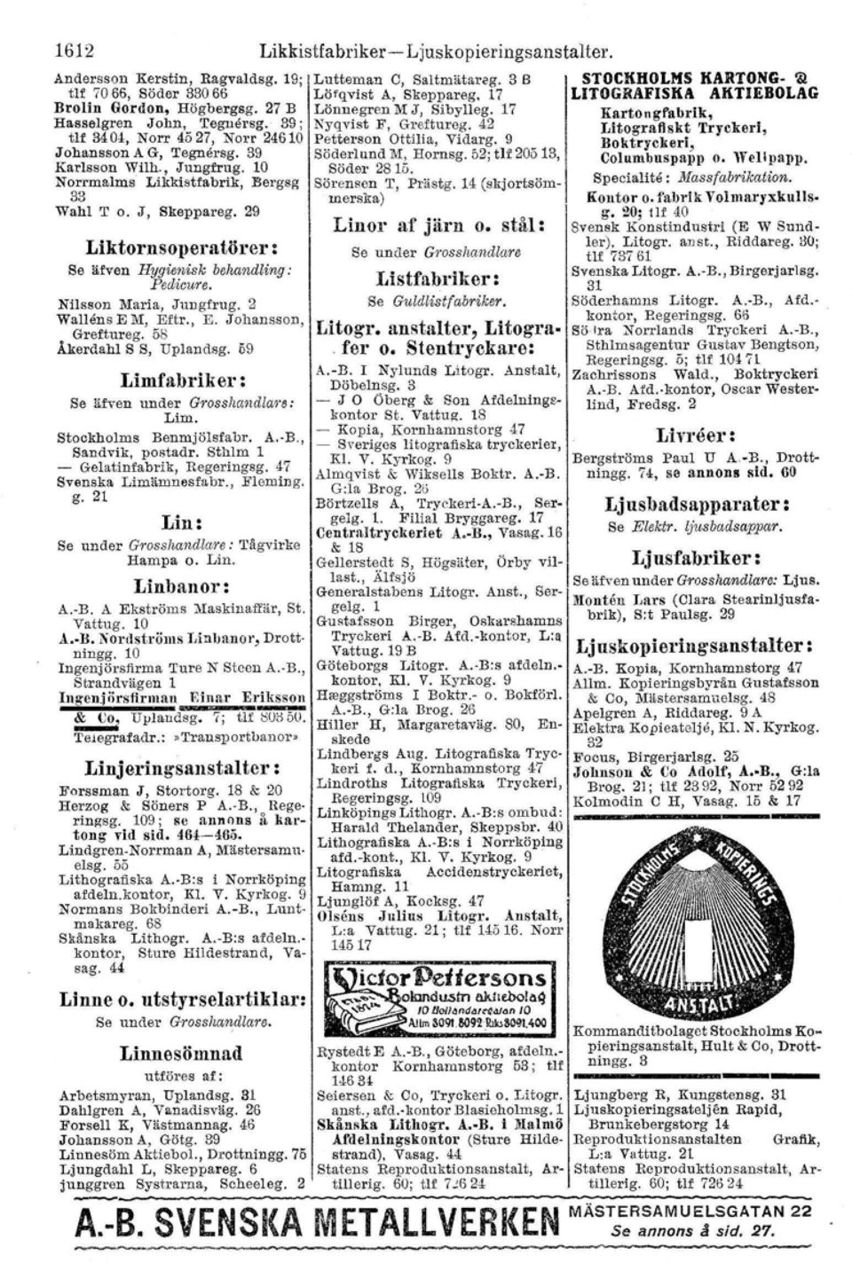 29 Liktornsoperatörer: Se äfven Hygienisk behandling: Pedicure. Nilsson Maria, Jungfrug. 2 '"Vallens E :Th-I,Ertr.} E. Johansson, Greftureg. 58 Åkerdahl S S, Uplandsg.