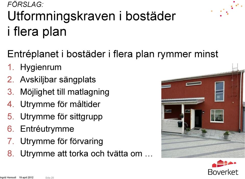 Möjlighet till matlagning 4. Utrymme för måltider 5.