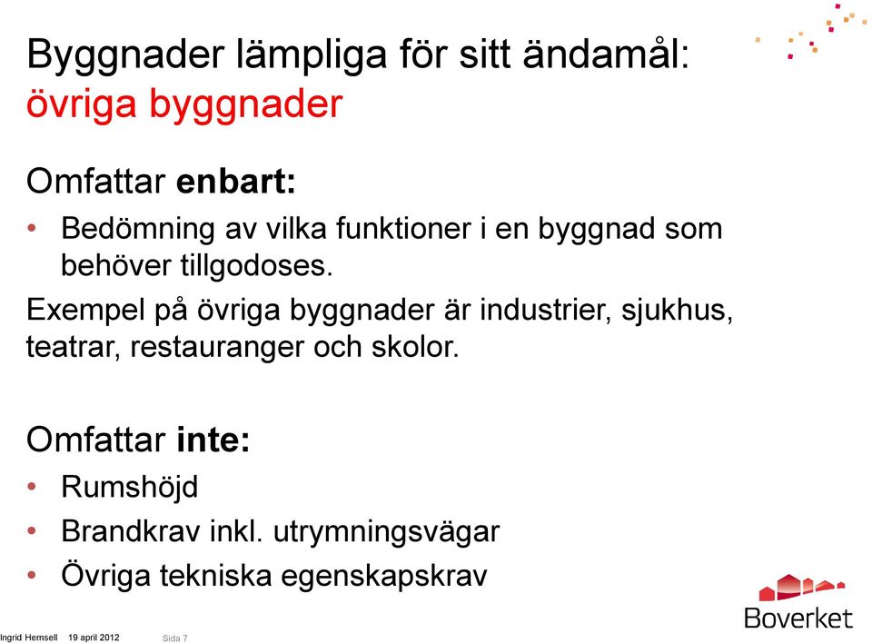 Exempel på övriga byggnader är industrier, sjukhus, teatrar, restauranger och