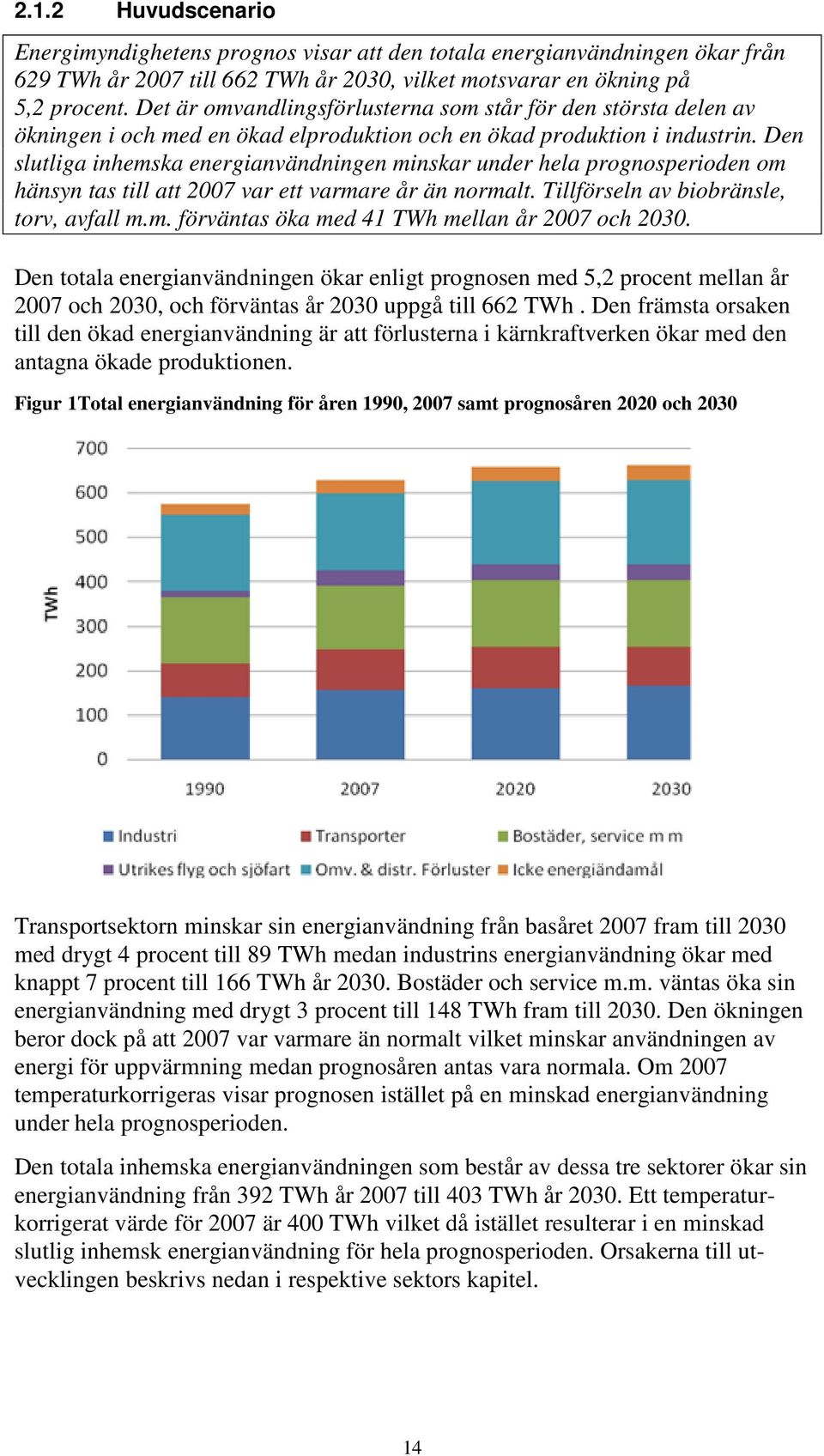 Den slutliga inhemska energianvändningen minskar under hela prognosperioden om hänsyn tas till att 2007 var ett varmare år än normalt. Tillförseln av biobränsle, torv, avfall m.m. förväntas öka med 41 TWh mellan år 2007 och 2030.