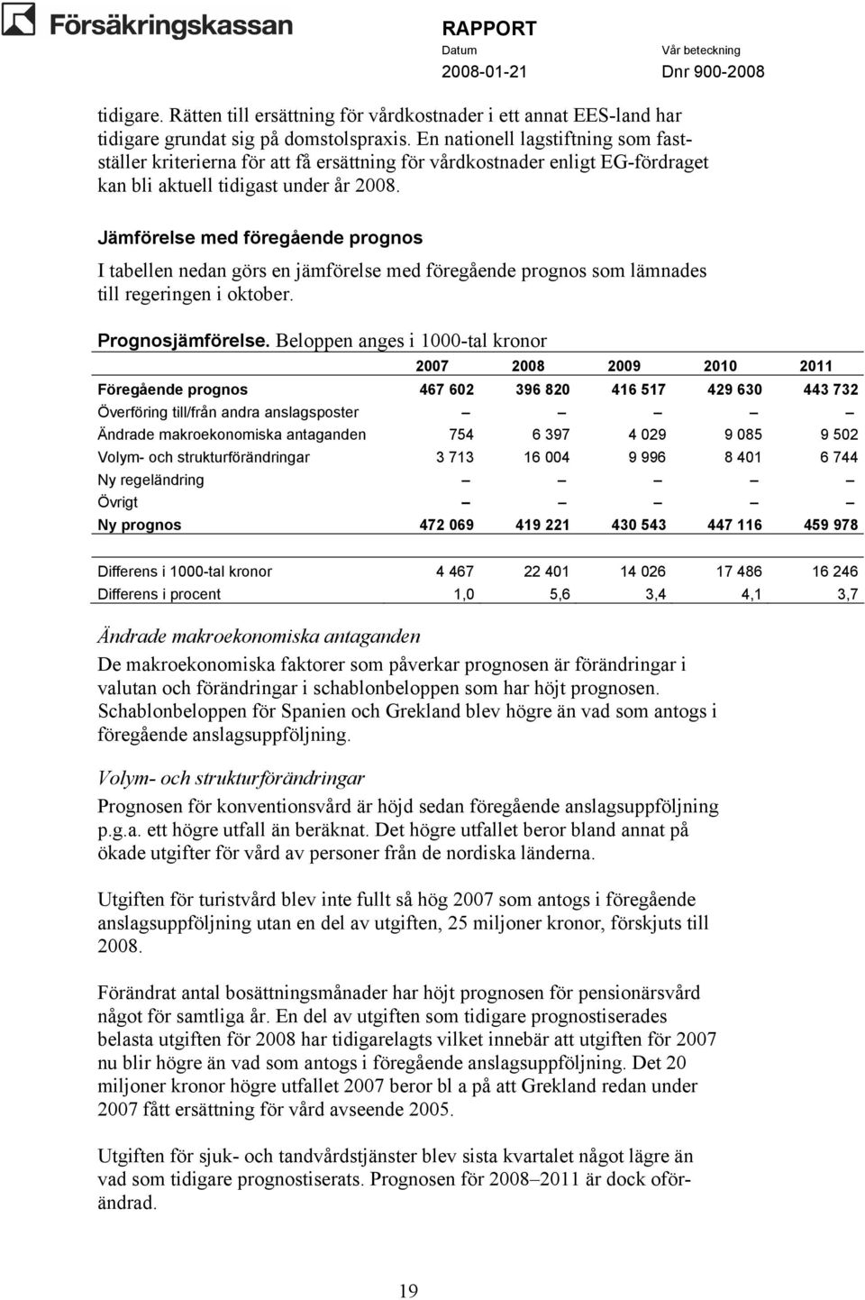 Jämförelse med föregående prognos I tabellen nedan görs en jämförelse med föregående prognos som lämnades till regeringen i oktober. Prognosjämförelse.