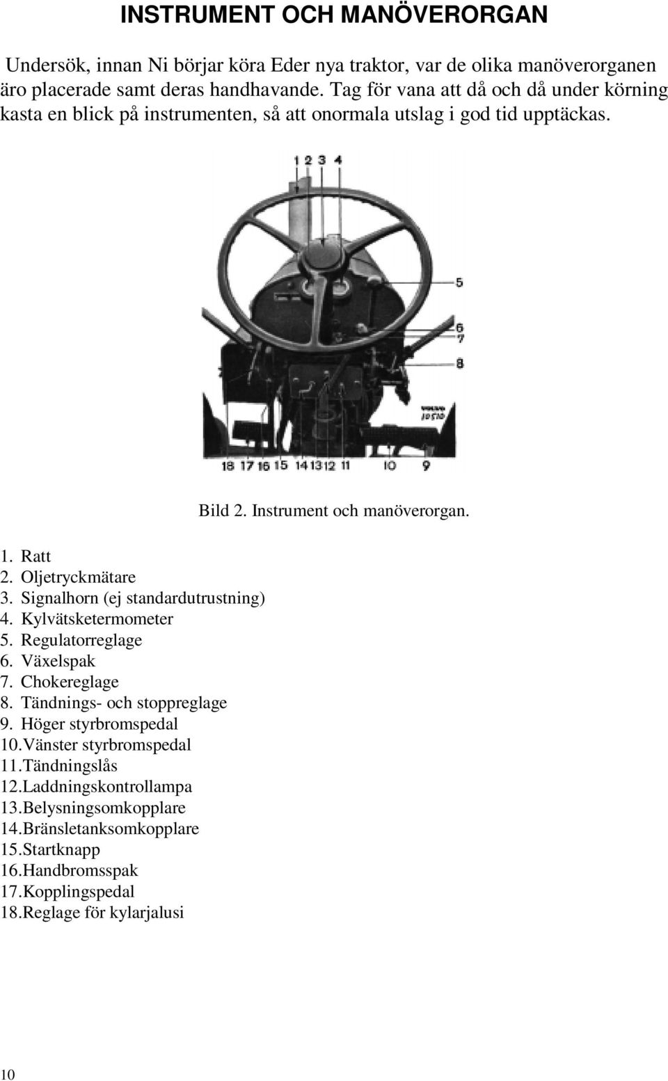 Signalhorn (ej standardutrustning) 4. Kylvätsketermometer 5. Regulatorreglage 6. Växelspak 7. Chokereglage 8. Tändnings- och stoppreglage 9. Höger styrbromspedal 10.