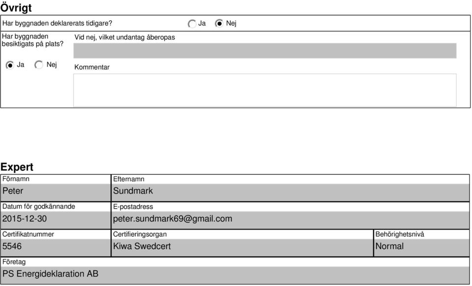 godkännande 2015-12-30 Certifikatnummer 5546 Företag PS Energideklaration AB Efternamn