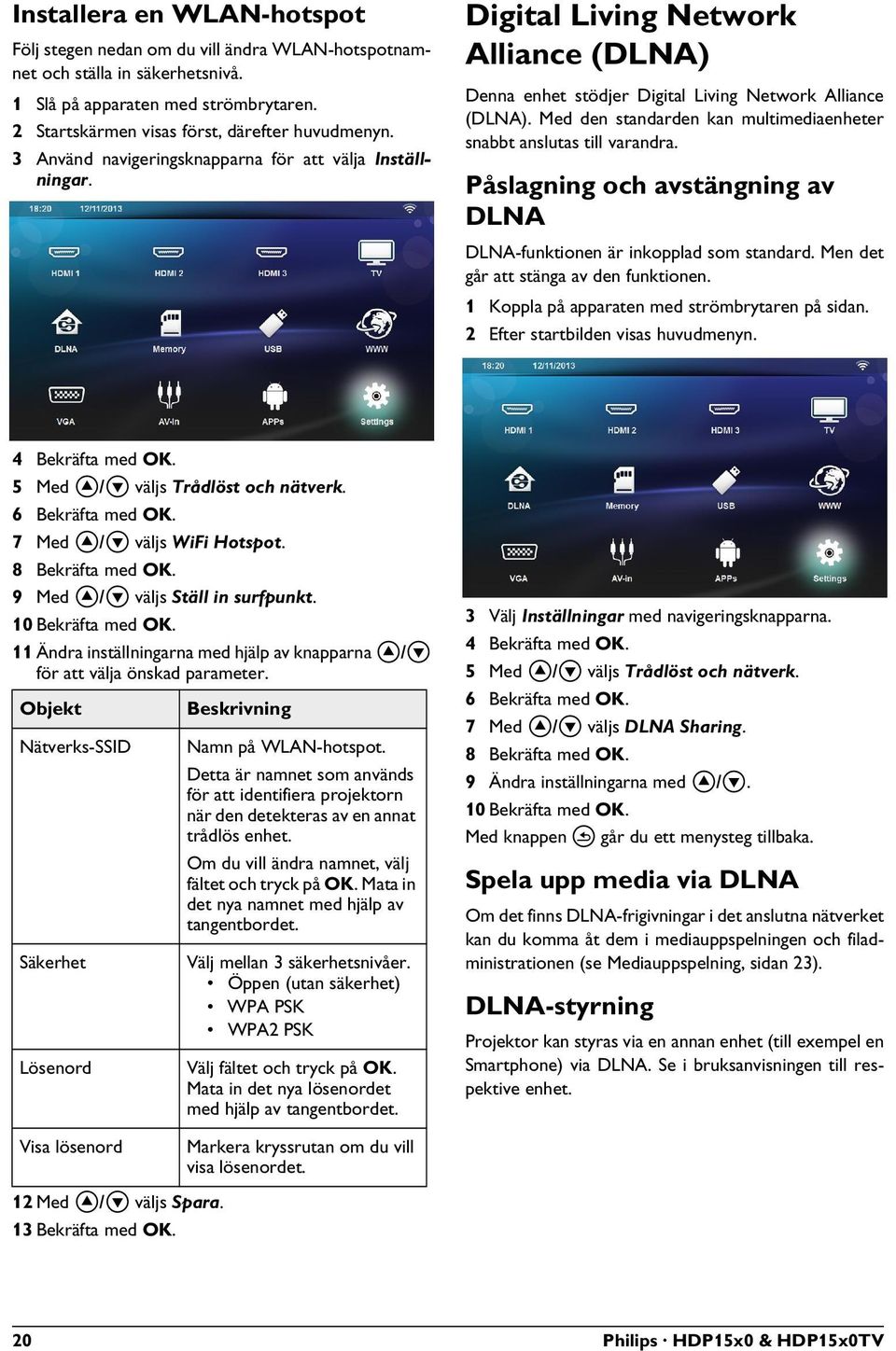 Med den standarden kan multimediaenheter snabbt anslutas till varandra. Påslagning och avstängning av DLNA DLNA-funktionen är inkopplad som standard. Men det går att stänga av den funktionen.