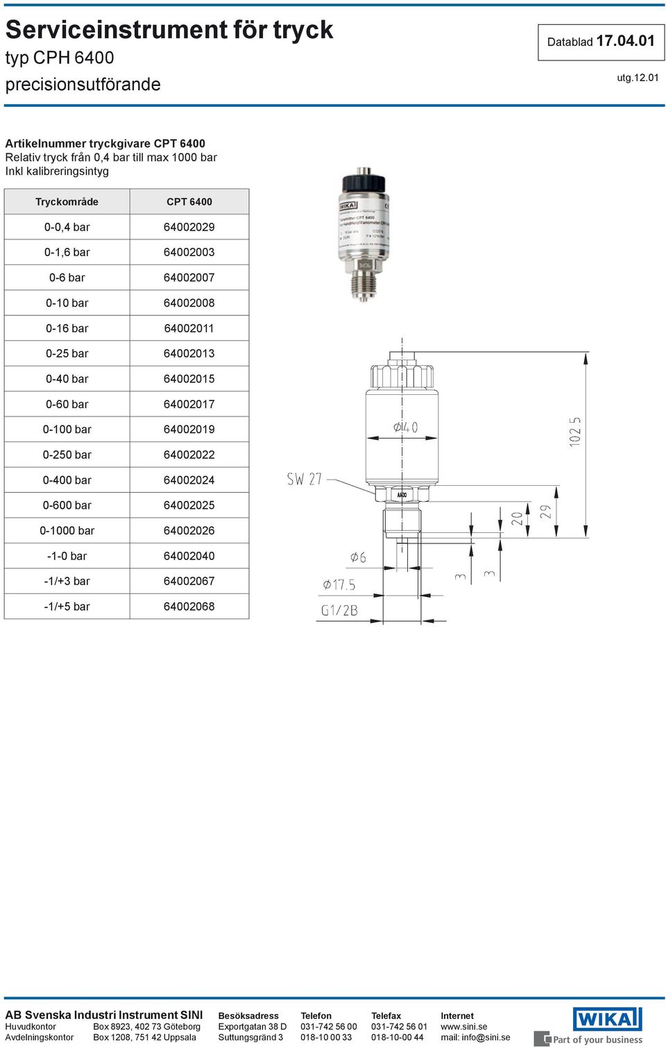64002011 0-25 bar 64002013 0-40 bar 64002015 0-60 bar 64002017 0-100 bar 64002019 0-250 bar 64002022