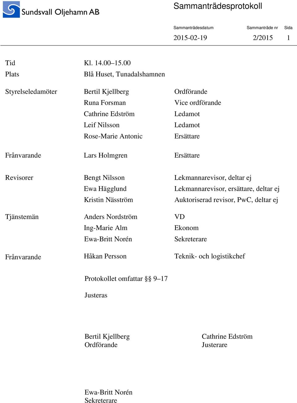 Rose-Marie Antonic Ersättare Frånvarande Lars Holmgren Ersättare Revisorer Bengt Nilsson Lekmannarevisor, deltar ej Ewa Hägglund Lekmannarevisor, ersättare, deltar