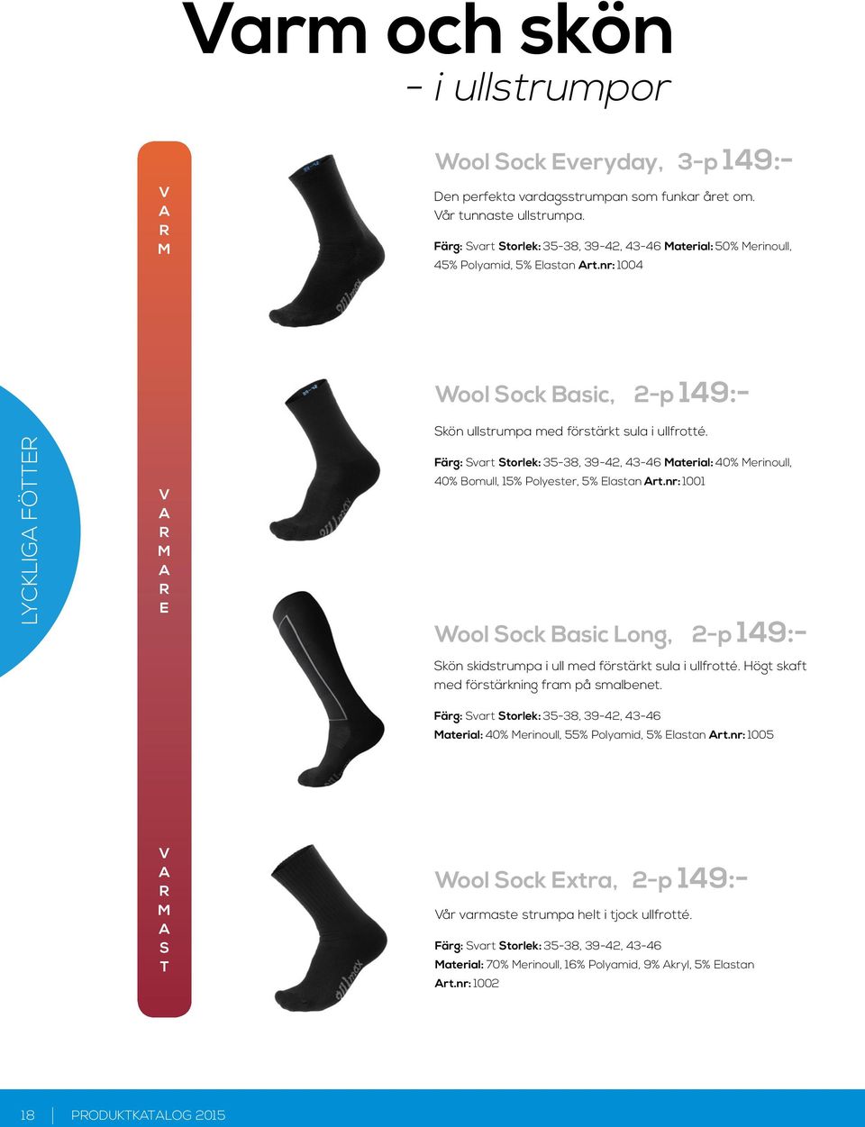 nr: 1004 LYCKLIGA FÖTTER V A R M A R E Wool Sock Basic, 2-p 149:- Skön ullstrumpa med förstärkt sula i ullfrotté.