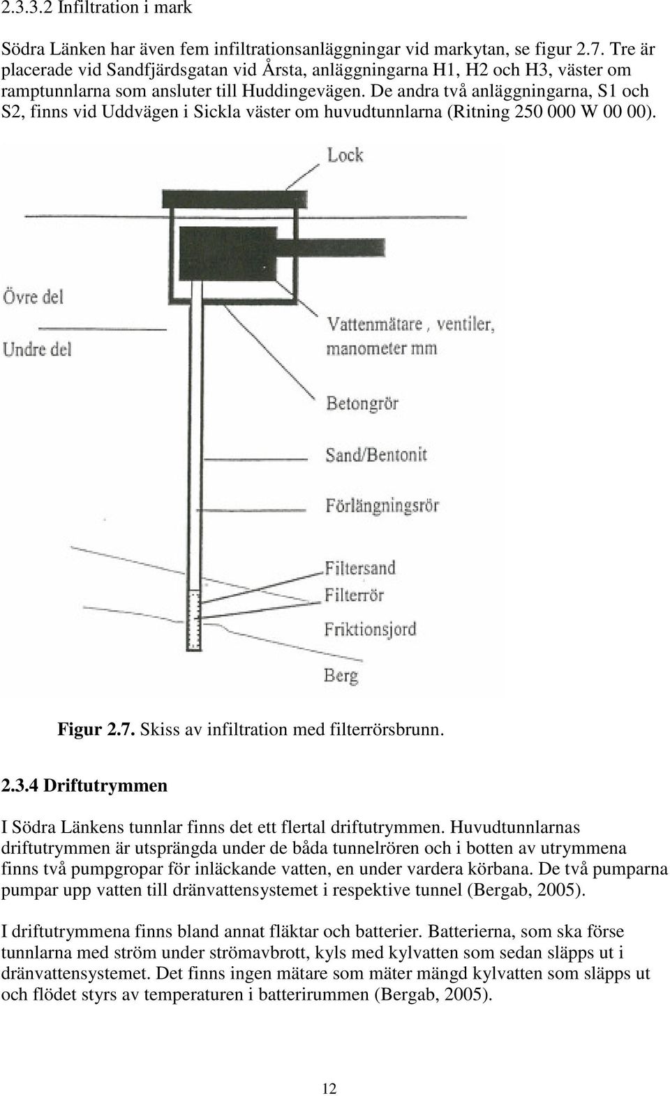 De andra två anläggningarna, S1 och S2, finns vid Uddvägen i Sickla väster om huvudtunnlarna (Ritning 250 000 W 00 00). Figur 2.7. Skiss av infiltration med filterrörsbrunn. 2.3.