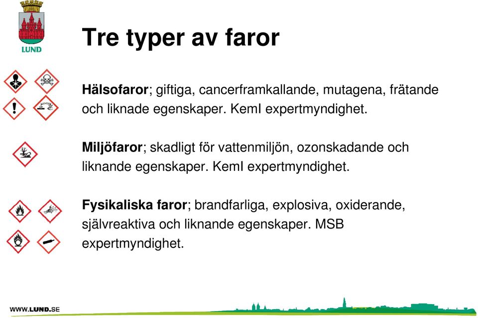 Miljöfaror; skadligt för vattenmiljön, ozonskadande och liknande egenskaper.