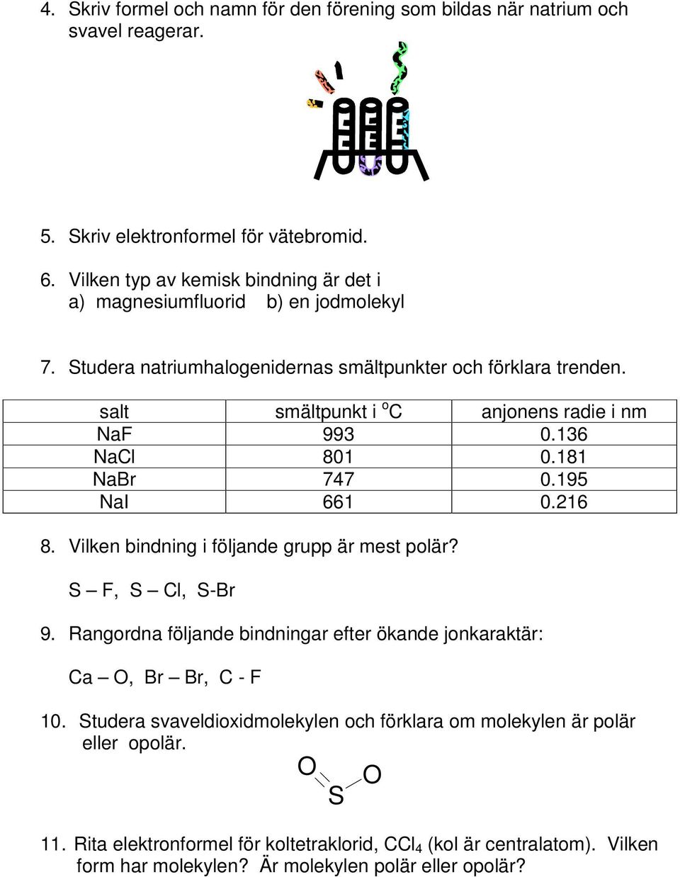 salt smältpunkt i o C anjonens radie i nm NaF 993 0.136 NaCl 801 0.181 NaBr 747 0.195 NaI 661 0.216 8. Vilken bindning i följande grupp är mest polär? S F, S Cl, S-Br 9.