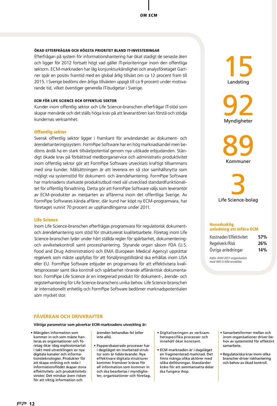 ECM-marknaden har låg konjunkturkänslighet och analysföretaget Gartner spår en positiv framtid med en global årlig tillväxt om ca 12 procent fram till 2015.