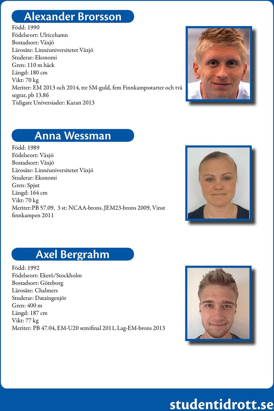 86 Tidigare Universiader: Kazan 2013 Anna Wessman Född: 1989 Födelseort: Växjö Bostadsort: Växjö Lärosäte: Linnéuniversitetet Växjö Studerar: Ekonomi Gren: Spjut Längd: 164 cm Vikt: