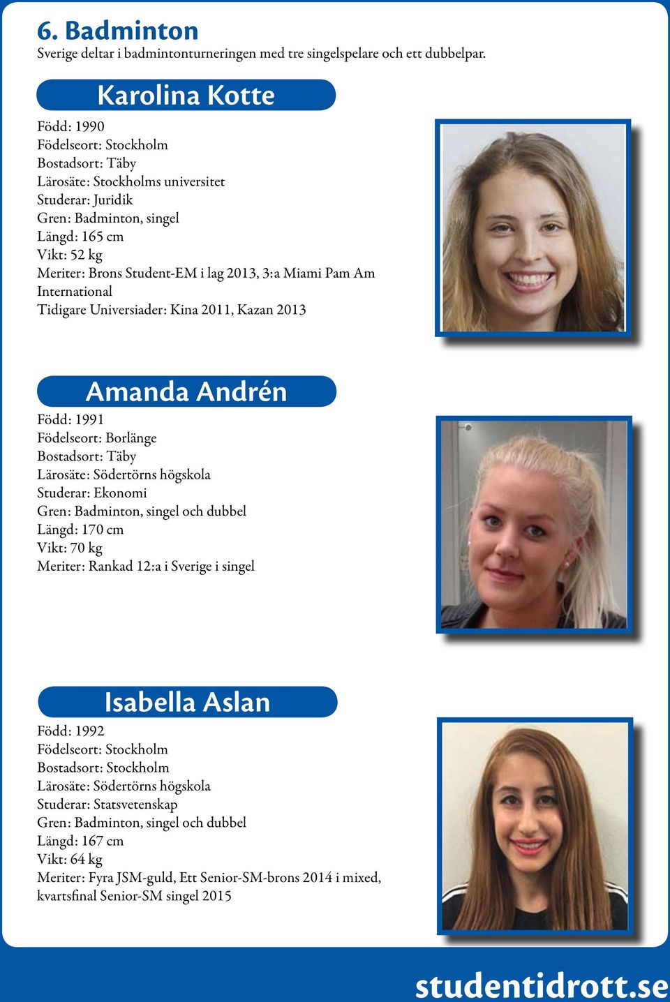 2013, 3:a Miami Pam Am International Tidigare Universiader: Kina 2011, Kazan 2013 Amanda Andrén Född: 1991 Födelseort: Borlänge Bostadsort: Täby Lärosäte: Södertörns högskola Studerar: Ekonomi Gren: