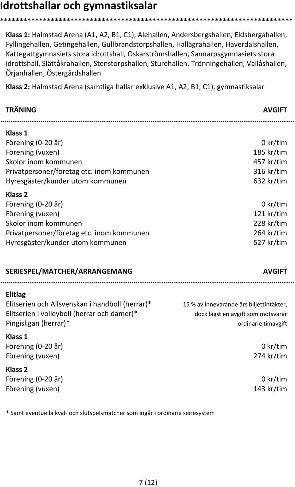 Örjanhallen, Östergårdshallen Klass 2: Halmstad Arena (samtliga hallar exklusive A1, A2, B1, C1), gymnastiksalar TRÄNING Klass 1 185 kr/tim 457 kr/tim 316 kr/tim Klass 2 121 kr/tim 228 kr/tim 264