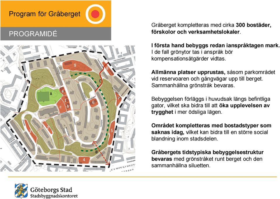 Sammanhållna grönstråk bevaras. Bebyggelsen förläggs i huvudsak längs befintliga gator, vilket ska bidra till att öka upplevelsen av trygghet i mer ödsliga lägen.