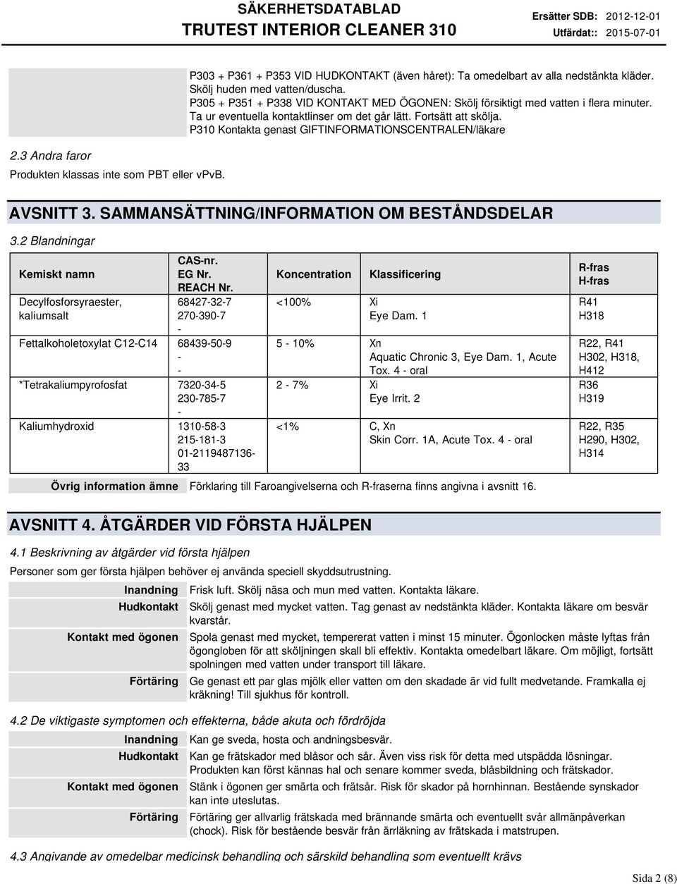 P310 Kontakta genast GIFTINFORMATIONSCENTRALEN/läkare AVSNITT 3. SAMMANSÄTTNING/INFORMATION OM BESTÅNDSDELAR 3.2 Blandningar Kemiskt namn Decylfosforsyraester, kaliumsalt CAS-nr. EG Nr. REACH Nr.