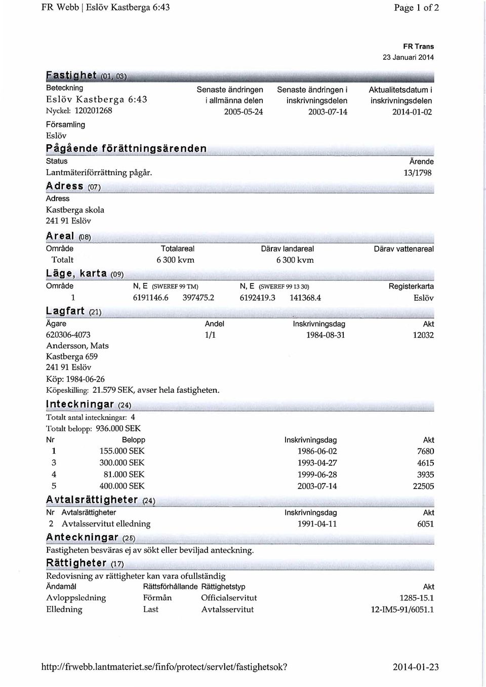 6 3 kvm Läge, karta (9) Område N, E (SWEREF 99 TM) N, E (SWEREF 99 3 3) 69466 397475 69493 43684 Lagfart () FR Trans 3 Januari 4 Därav vattenareal Registerkarta Eslöv Ägare Andel nskrivningsdag Akt