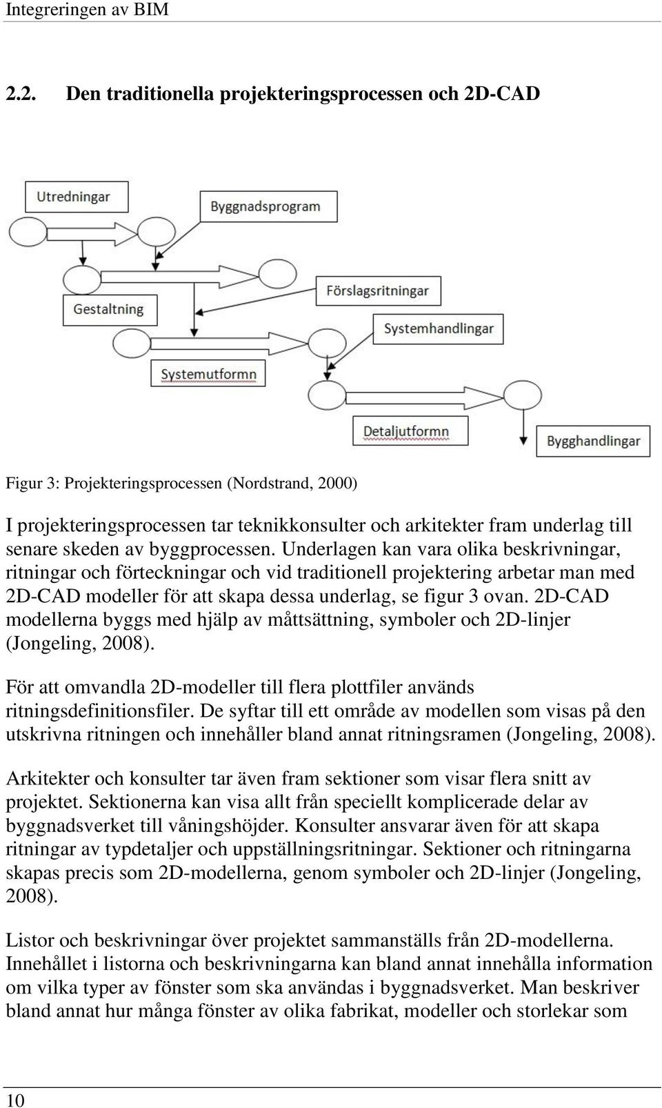 av byggprocessen. Underlagen kan vara olika beskrivningar, ritningar och förteckningar och vid traditionell projektering arbetar man med 2D-CAD modeller för att skapa dessa underlag, se figur 3 ovan.