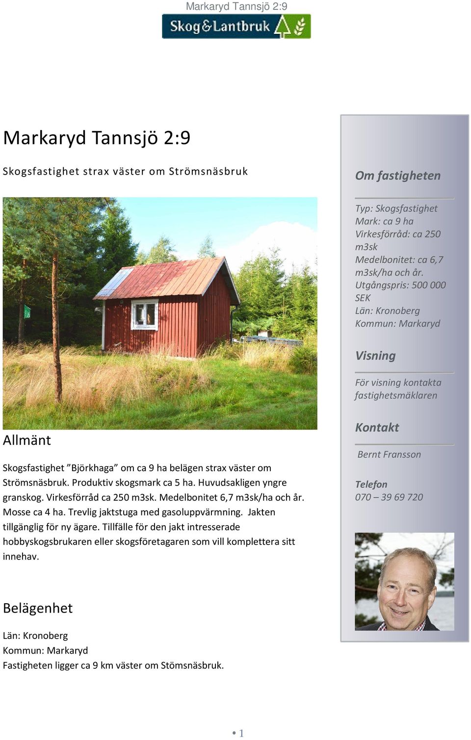 Produktiv skogsmark ca 5 ha. Huvudsakligen yngre granskog. Virkesförråd ca 250 m3sk. Medelbonitet 6,7 m3sk/ha och år. Mosse ca 4 ha. Trevlig jaktstuga med gasoluppvärmning.