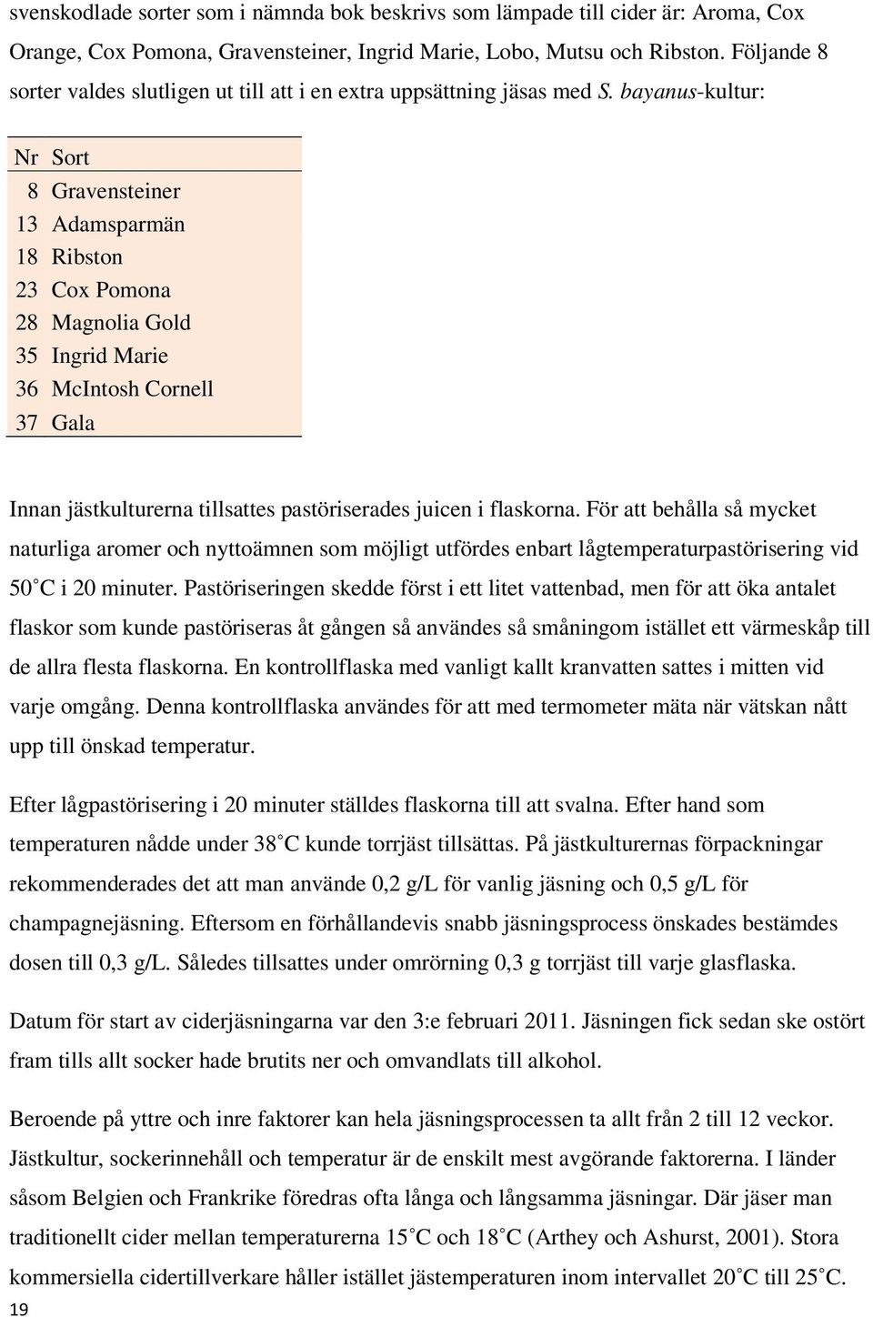 bayanus-kultur: Nr Sort 8 Gravensteiner 13 Adamsparmän 18 Ribston 23 Cox Pomona 28 Magnolia Gold 35 Ingrid Marie 36 McIntosh Cornell 37 Gala Innan jästkulturerna tillsattes pastöriserades juicen i