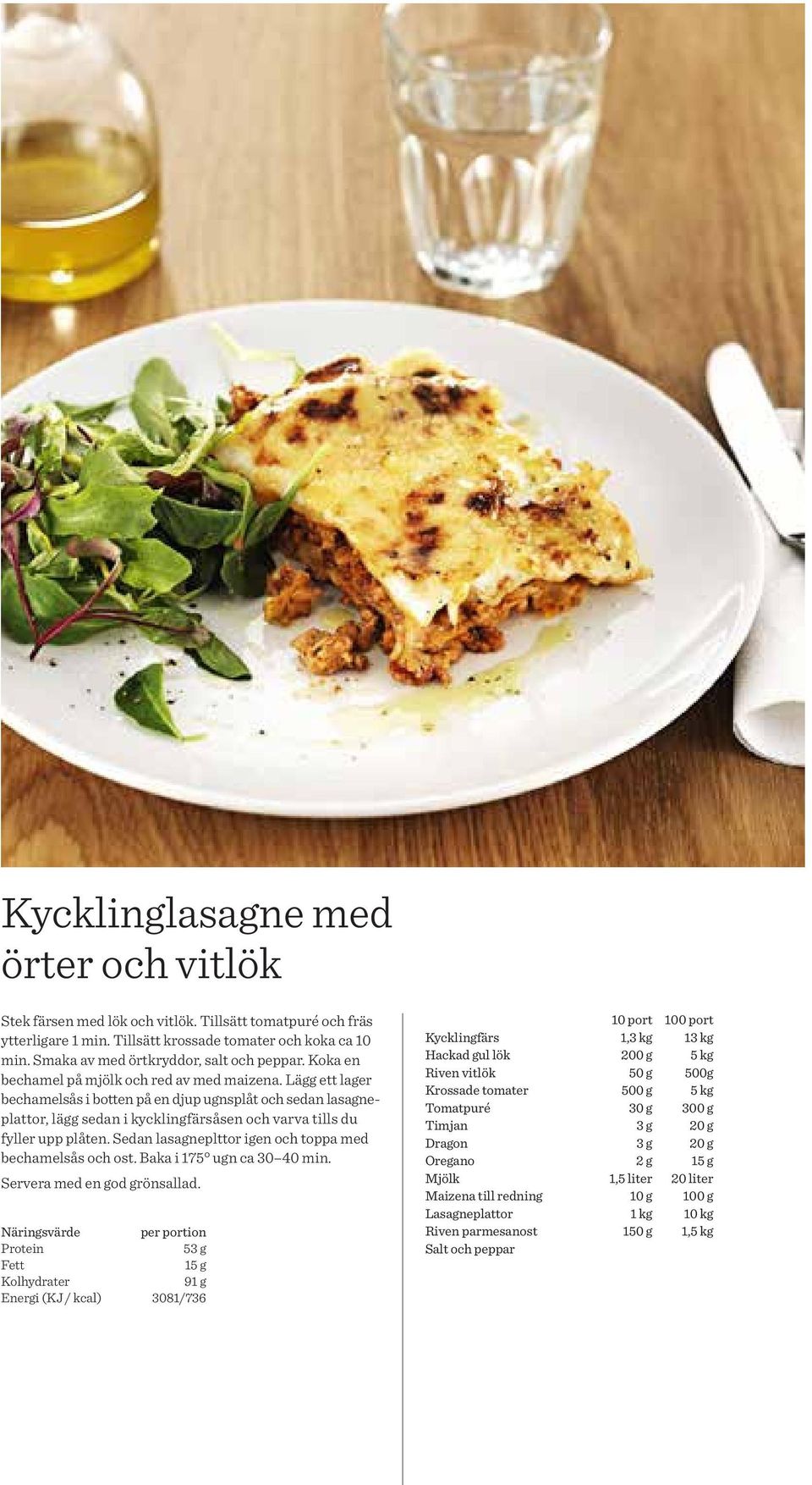 Lägg ett lager bechamelsås i botten på en djup ugnsplåt och sedan lasagneplattor, lägg sedan i kycklingfärsåsen och varva tills du fyller upp plåten.