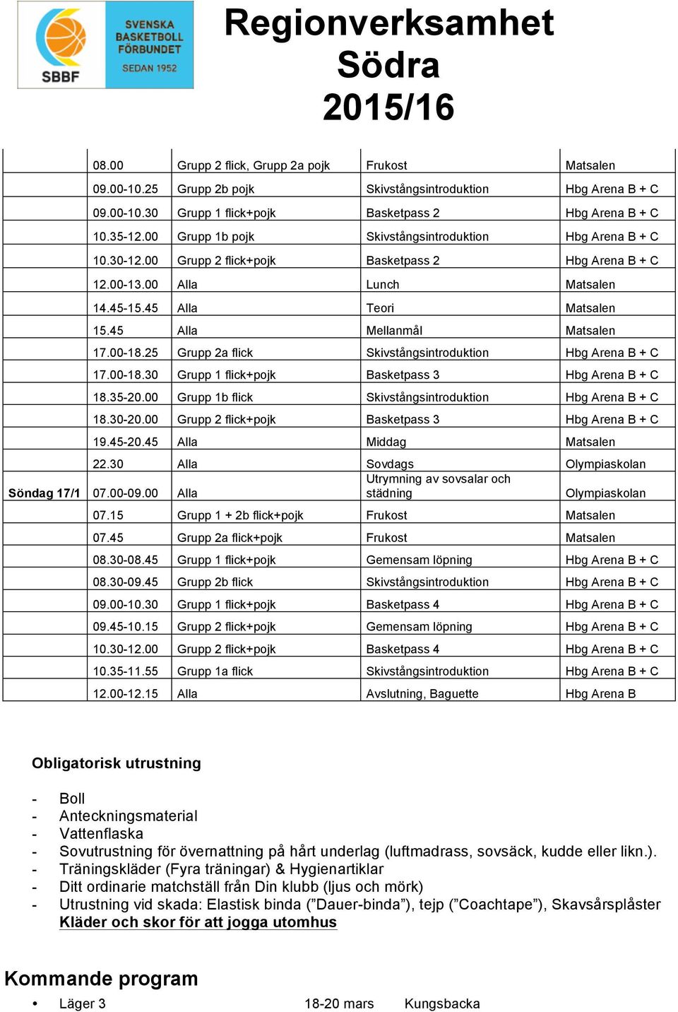 45 Alla Mellanmål Matsalen 17.00-18.25 Grupp 2a flick Skivstångsintroduktion Hbg Arena B + C 17.00-18.30 Grupp 1 flick+pojk Basketpass 3 Hbg Arena B + C 18.35-20.