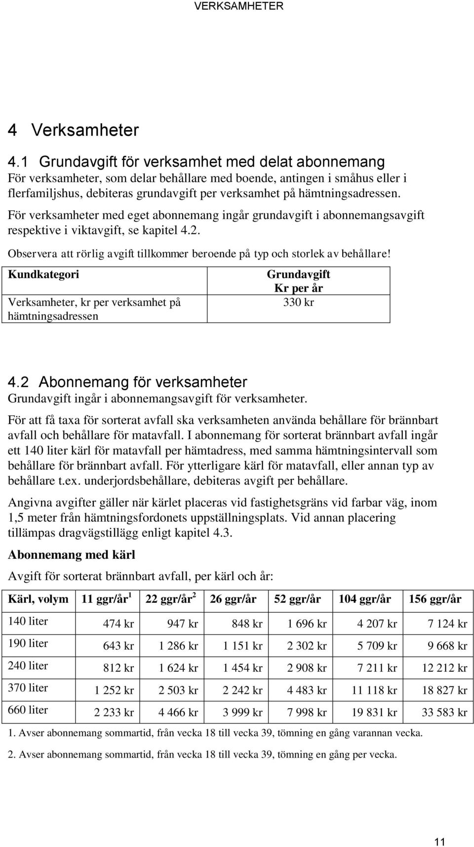 För verksamheter med eget abonnemang ingår grundavgift i abonnemangsavgift respektive i viktavgift, se kapitel 4.2. Observera att rörlig avgift tillkommer beroende på typ och storlek av behållare!