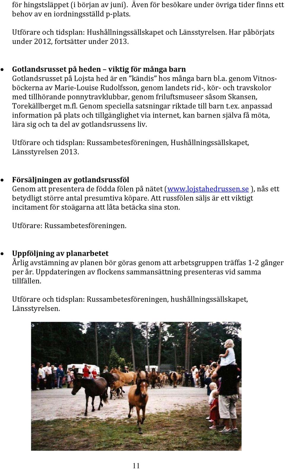 fl. Genom speciella satsningar riktade till barn t.ex. anpassad information på plats och tillgänglighet via internet, kan barnen själva få möta, lära sig och ta del av gotlandsrussens liv.