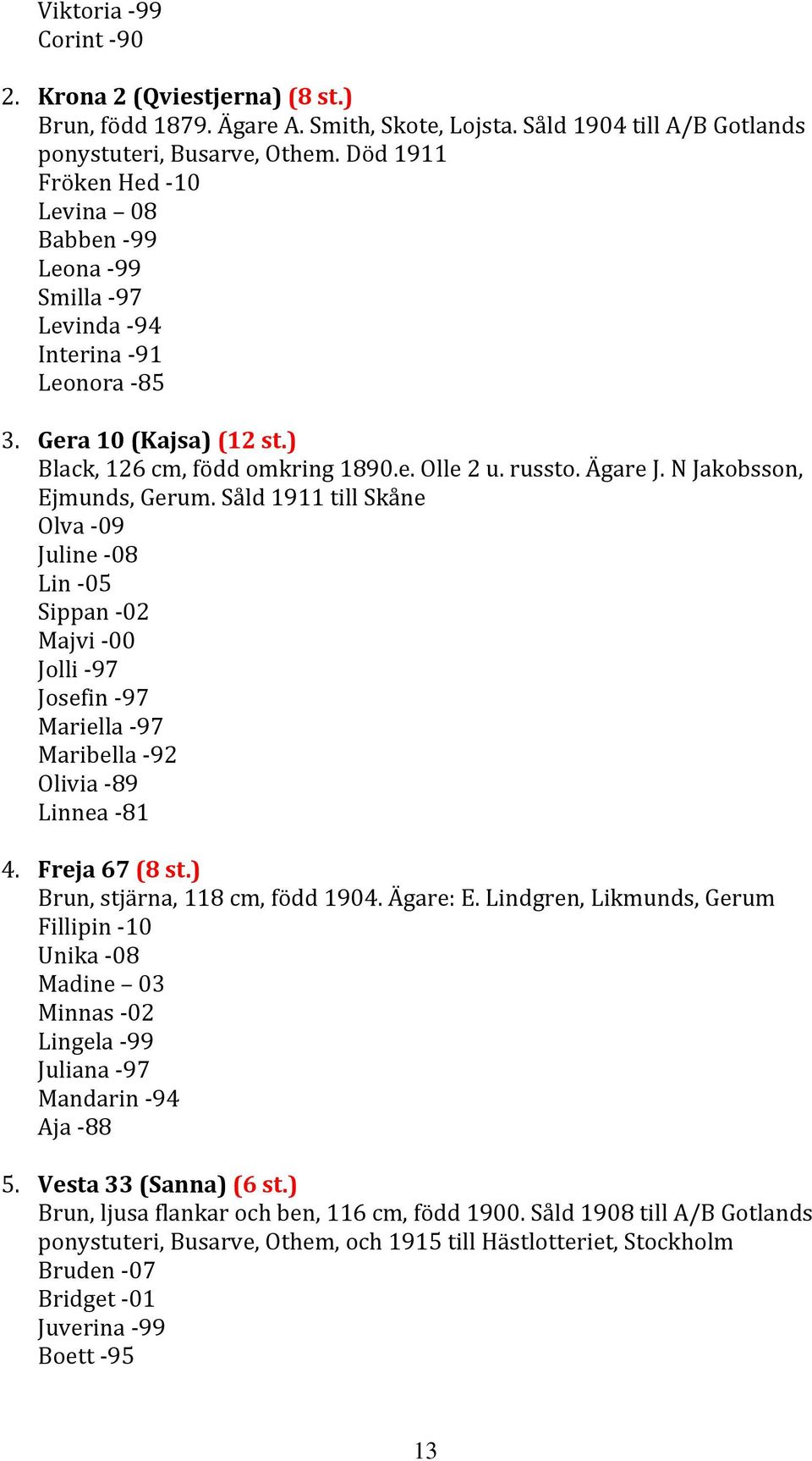 N Jakobsson, Ejmunds, Gerum. Såld 1911 till Skåne Olva 09 Juline 08 Lin 05 Sippan 02 Majvi 00 Jolli 97 Josefin 97 Mariella 97 Maribella 92 Olivia 89 Linnea 81 4. Freja 67 (8 st.