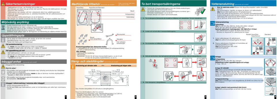 Placera inte tvättmaskinen i för kalla utrymmen eller utomhus. Tvättmaskinen kan skadas. Lyft inte i utskjutande delar (t.ex. påfyllningsluckan). Utöver de här anvisningarna kan ev.