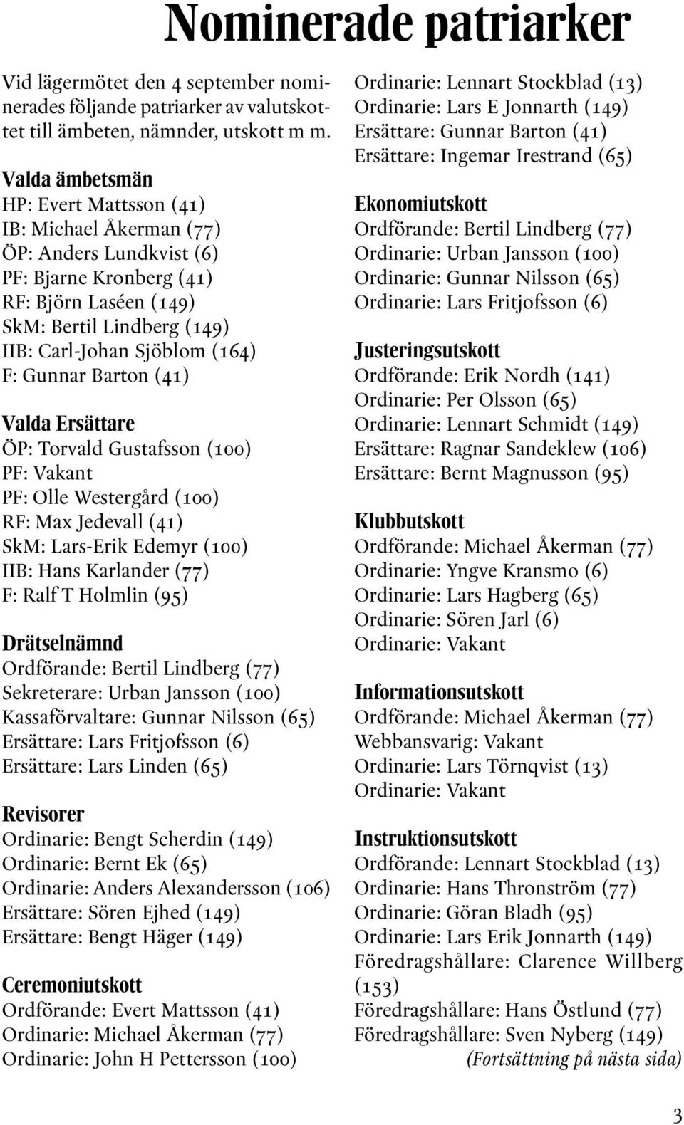 Gunnar Barton (41) Valda Ersättare ÖP: Torvald Gustafsson (100) PF: Vakant PF: Olle Westergård (100) RF: Max Jedevall (41) SkM: Lars-Erik Edemyr (100) IIB: Hans Karlander (77) F: Ralf T Holmlin (95)