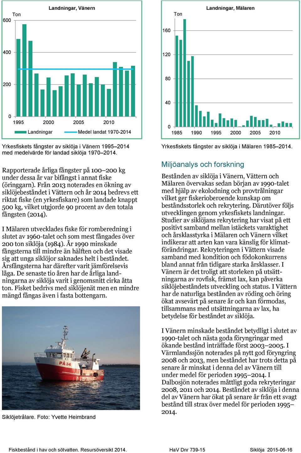 Från 213 noterades en ökning av siklöjebeståndet i Vättern och år 214 bedrevs ett riktat fiske (en yrkesfiskare) som landade knappt 5 kg, vilket utgjorde 9 procent av den totala fångsten (214).