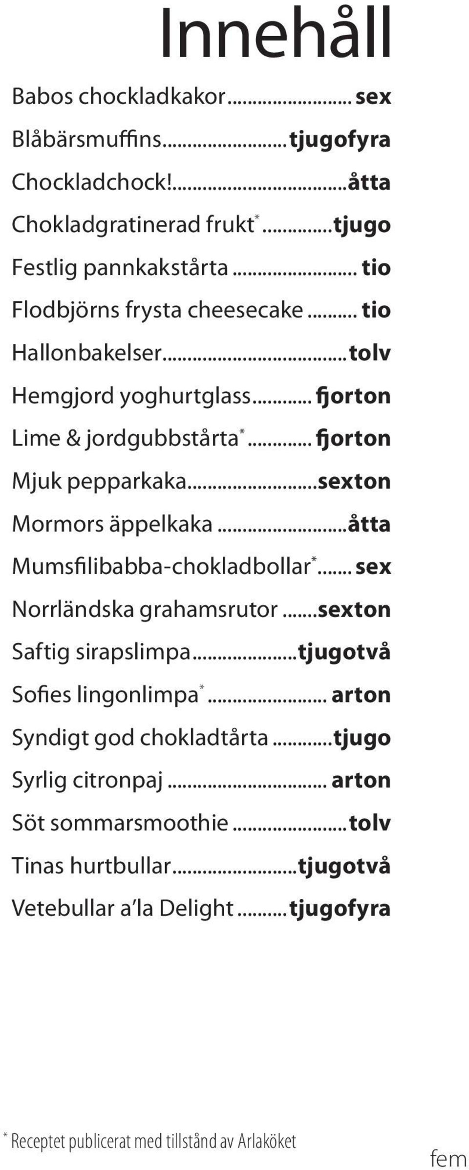 ..sexton Mormors äppelkaka...åtta Mumsfilibabba-chokladbollar *... sex Norrländska grahamsrutor...sexton Saftig sirapslimpa...tjugotvå Sofies lingonlimpa *.