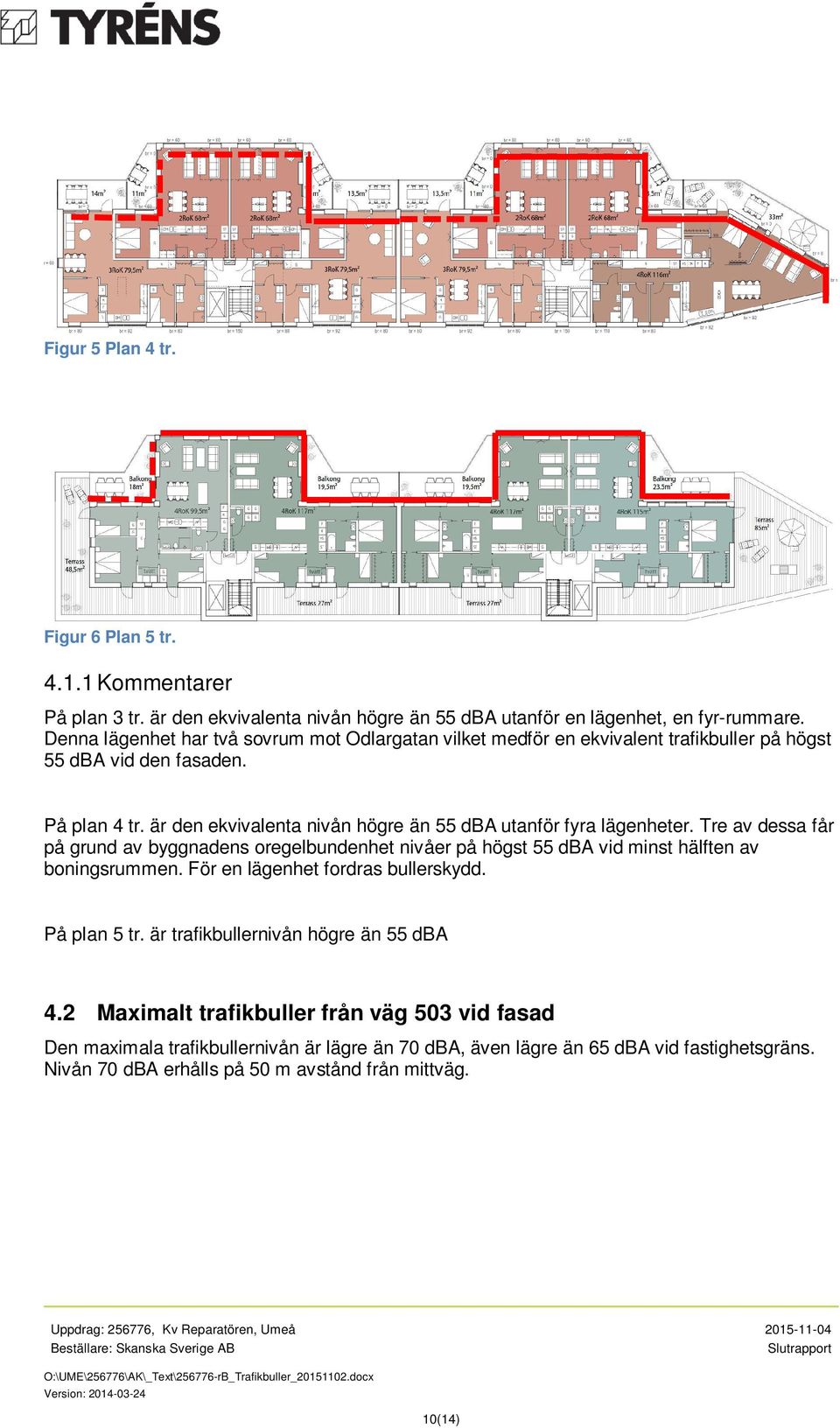 är den ekvivalenta nivån högre än 55 dba utanför fyra lägenheter. Tre av dessa får på grund av byggnadens oregelbundenhet nivåer på högst 55 dba vid minst hälften av boningsrummen.