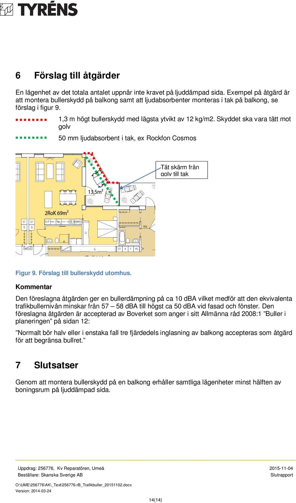 Skyddet ska vara tätt mot golv 50 mm ljudabsorbent i tak, ex Rockfon Cosmos Tät skärm från golv till tak Figur 9. Förslag till bullerskydd utomhus.