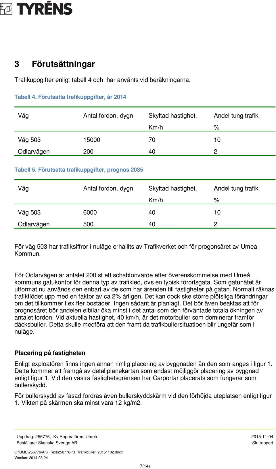 Förutsatta trafikuppgifter, prognos 2035 Väg Antal fordon, dygn Skyltad hastighet, Km/h Andel tung trafik, % Väg 503 6000 40 10 Odlarvägen 500 40 2 För väg 503 har trafiksiffror i nuläge erhållits av