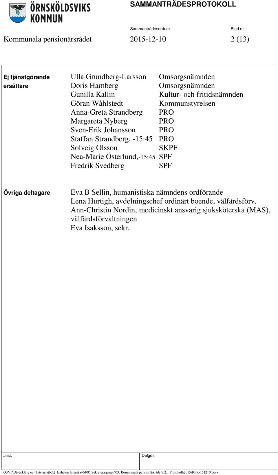 -15:45 PRO Solveig Olsson SKPF Nea-Marie Österlund,-15:45 SPF Fredrik Svedberg SPF Övriga deltagare Eva B Sellin, humanistiska nämndens ordförande Lena